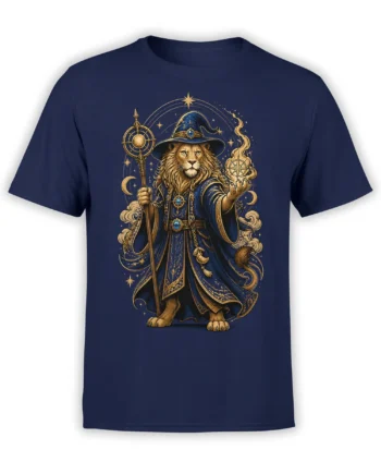 Front view of navy t-shirt with detailed lion wizard in blue and gold robes holding a magic staff and flame among stars and clouds