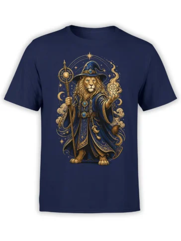 Front view of navy t-shirt with detailed lion wizard in blue and gold robes holding a magic staff and flame among stars and clouds