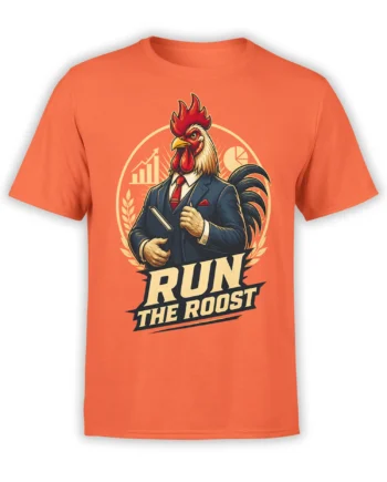 Front view of orange unisex t-shirt with a rooster in a business suit and bold “Run The Roost” text in a circular office graphic