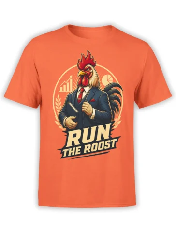 Front view of orange unisex t-shirt with a rooster in a business suit and bold “Run The Roost” text in a circular office graphic
