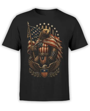 Black unisex t-shirt with a detailed patriotic bear warrior holding an American flag above an eagle crest in vintage red, white, and blue style