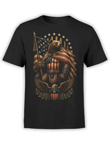Black unisex t-shirt with a detailed patriotic bear warrior holding an American flag above an eagle crest in vintage red, white, and blue style
