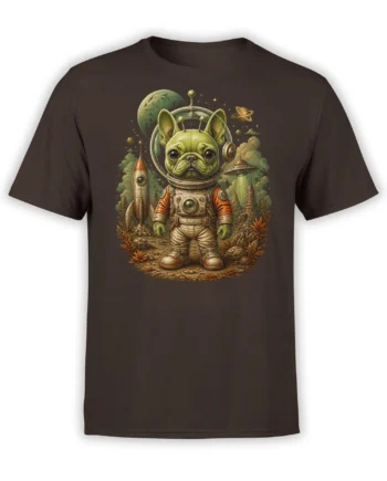 brown unisex t-shirt with a detailed retro sci-fi design of a green alien french bulldog astronaut, rocket, UFO, and planets in space