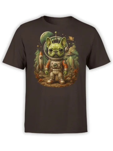 brown unisex t-shirt with a detailed retro sci-fi design of a green alien french bulldog astronaut, rocket, UFO, and planets in space