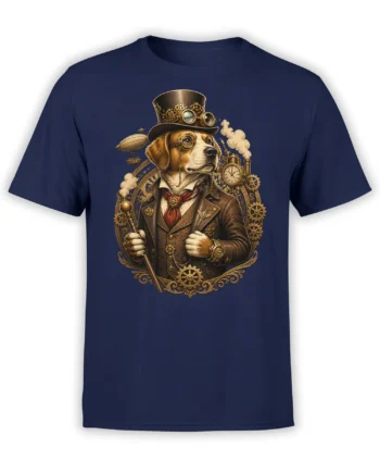 Navy T-shirt featuring a steampunk beagle gentleman framed by brass gears, airship, and vintage clockwork steam details in warm golden tones.