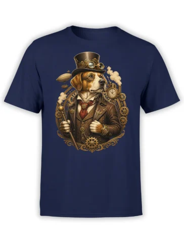 Navy T-shirt featuring a steampunk beagle gentleman framed by brass gears, airship, and vintage clockwork steam details in warm golden tones.