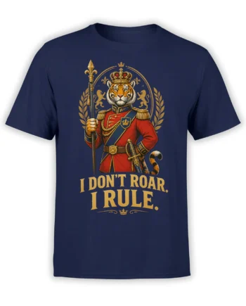 navy unisex t-shirt with royal tiger in red uniform, crown and scepter above the quote i don’t roar i rule in gold lettering