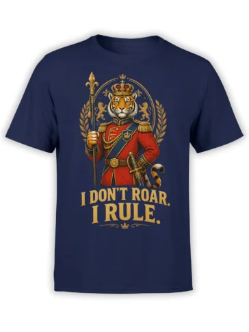 navy unisex t-shirt with royal tiger in red uniform, crown and scepter above the quote i don’t roar i rule in gold lettering