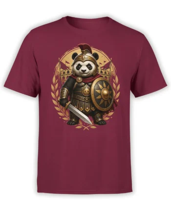 Red unisex t-shirt featuring an epic gladiator panda in Roman armor with sword, shield, and colosseum background in gold tones