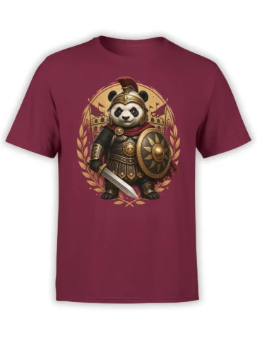 Red unisex t-shirt featuring an epic gladiator panda in Roman armor with sword, shield, and colosseum background in gold tones