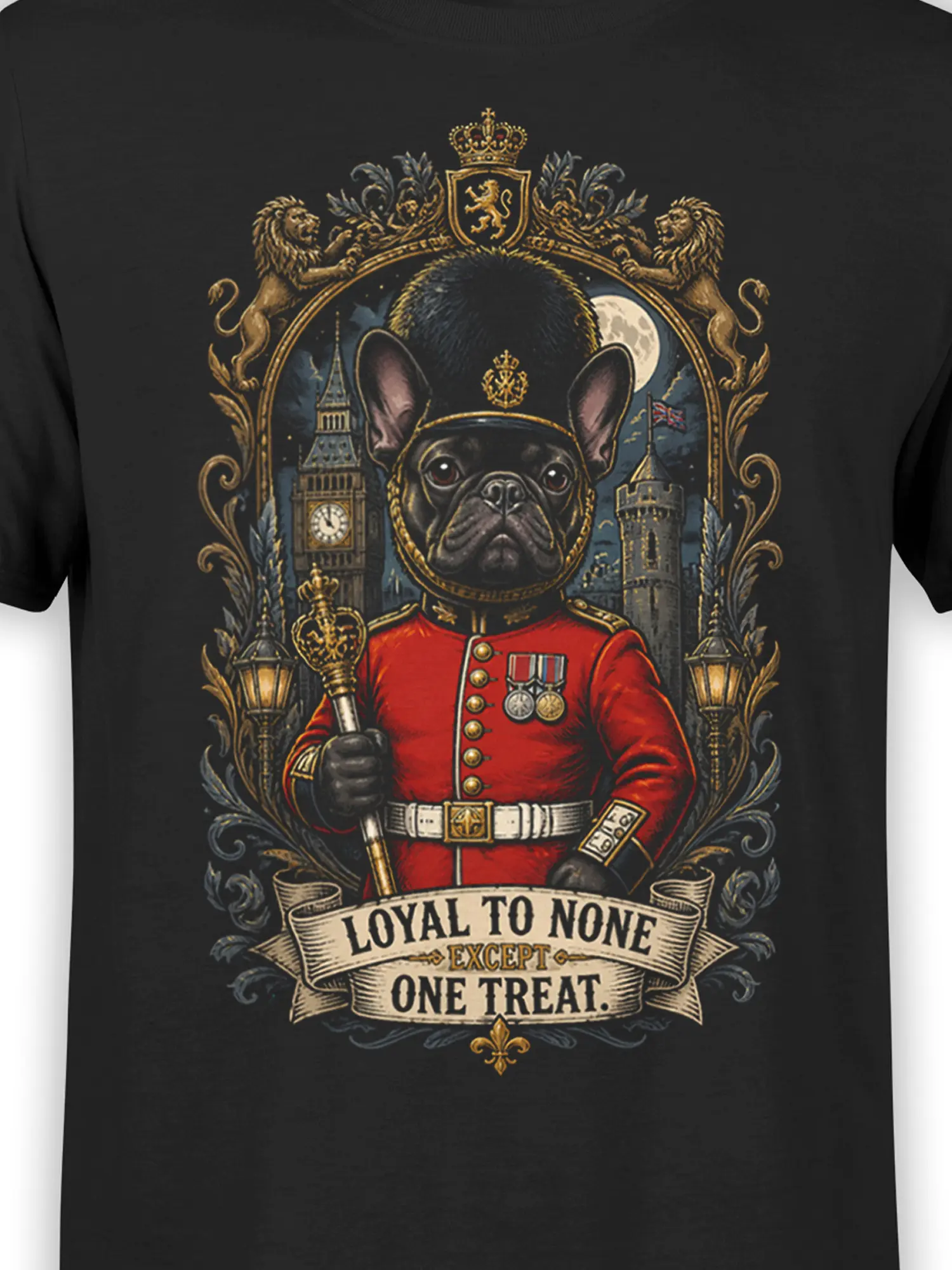 close-up of French bulldog royal guard artwork with ornate frame, London skyline, and loyal to none except one treat text
