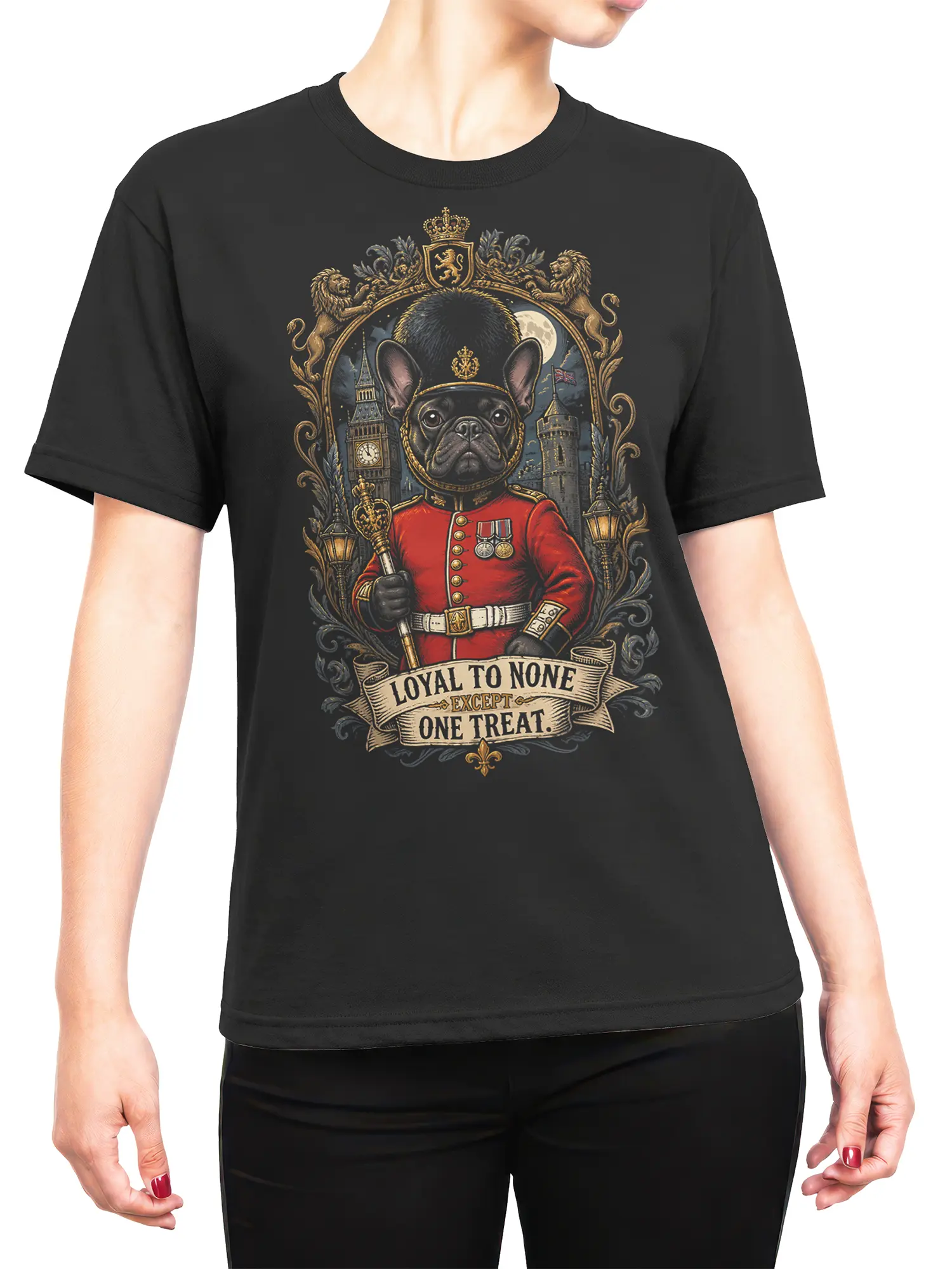 female model wearing black French bulldog royal guard t-shirt with London night illustration and treat motto