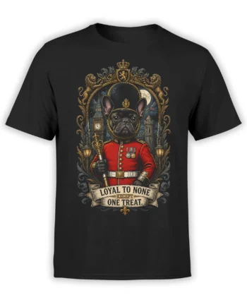 black t-shirt with vintage French bulldog royal guard design, London night scene, and “Loyal to None Except One Treat” banner