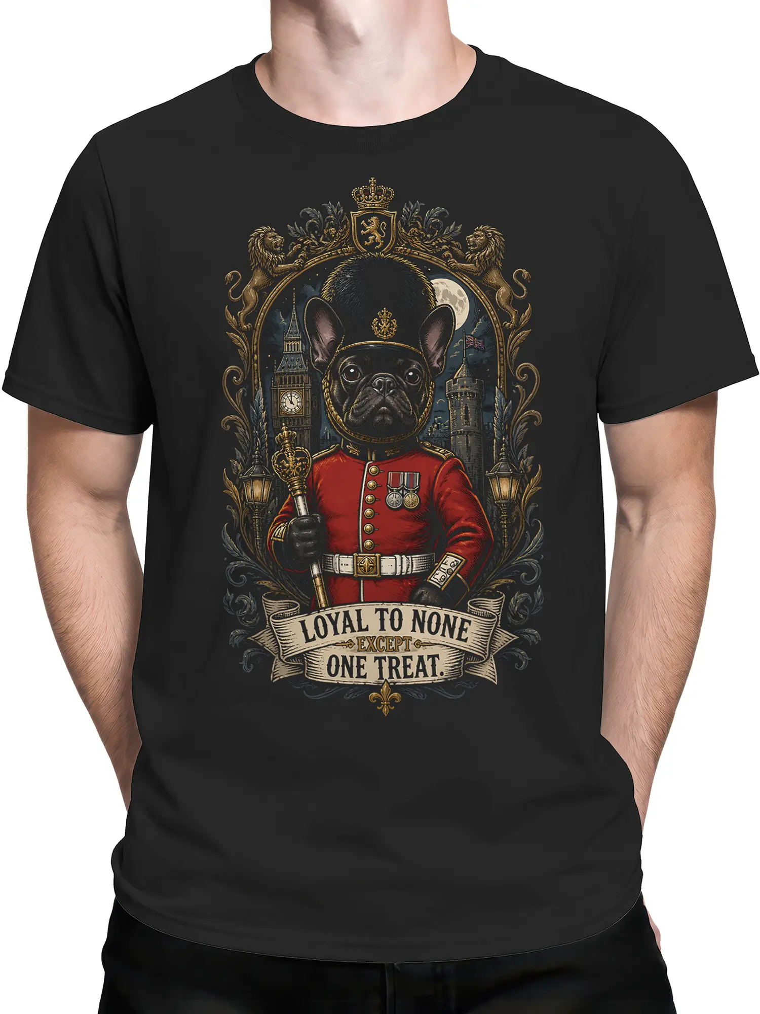 male model wearing black t-shirt with French bulldog royal guard design and loyal to none except one treat banner