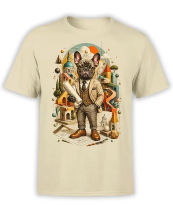beige unisex t-shirt with vintage french bulldog architect holding blueprints surrounded by colorful whimsical architecture