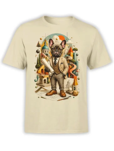 beige unisex t-shirt with vintage french bulldog architect holding blueprints surrounded by colorful whimsical architecture