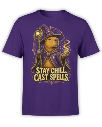 Purple unisex t-shirt featuring a wizard capybara with staff and glowing spell above Stay Chill Cast Spells text in gold