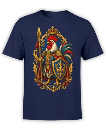 navy unisex t-shirt with detailed regal rooster knight holding spear and shield inside a golden baroque frame