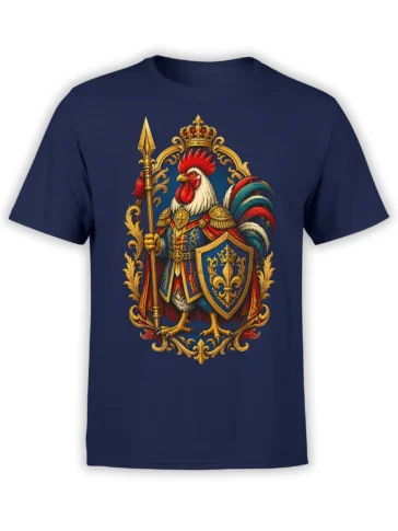 navy unisex t-shirt with detailed regal rooster knight holding spear and shield inside a golden baroque frame