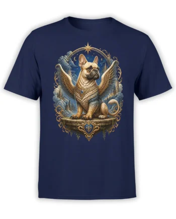 navy t-shirt with ornate winged french bulldog guardian design framed by castles, clouds, and stars in a fantasy style