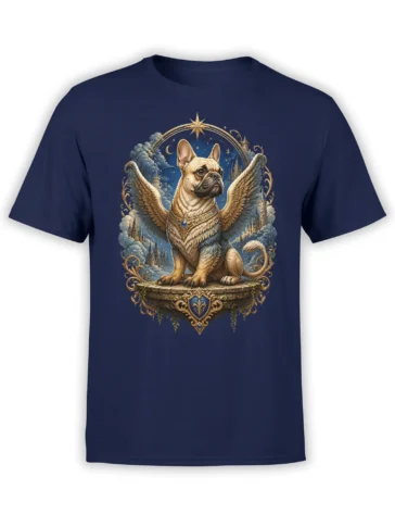 navy t-shirt with ornate winged french bulldog guardian design framed by castles, clouds, and stars in a fantasy style