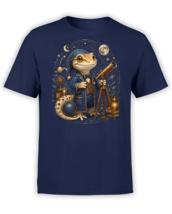 navy unisex shirt with whimsical gecko astronomer holding a telescope among moons, planets, and golden star maps