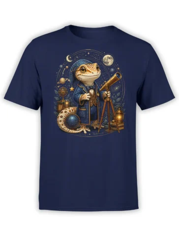 navy unisex shirt with whimsical gecko astronomer holding a telescope among moons, planets, and golden star maps