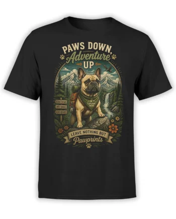 black unisex t-shirt with vintage French bulldog hiker graphic, mountains, forest and leave nothing but pawprints text