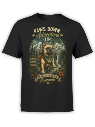 black unisex t-shirt with vintage French bulldog hiker graphic, mountains, forest and leave nothing but pawprints text