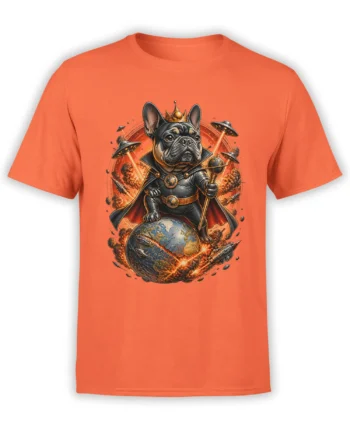 orange unisex t-shirt with detailed french bulldog space overlord standing on cracked burning planet surrounded by UFOs and explosions