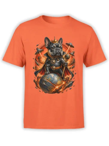 orange unisex t-shirt with detailed french bulldog space overlord standing on cracked burning planet surrounded by UFOs and explosions