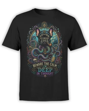 Black t-shirt with a mystical French bulldog sailor, glowing octopus tentacles, and “Beware the calm, I’m deep in thought” nautical artwork.