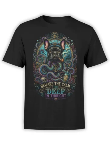 Black t-shirt with a mystical French bulldog sailor, glowing octopus tentacles, and “Beware the calm, I’m deep in thought” nautical artwork.