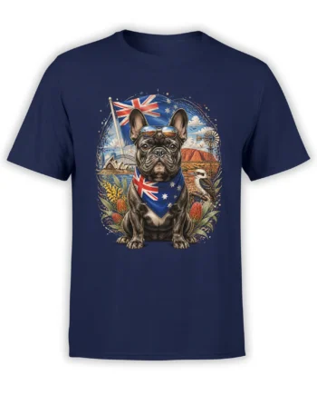 French bulldog in sunglasses with Australian flag bandana and Aussie landmarks printed on a navy unisex T-shirt, full front view