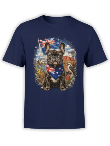French bulldog in sunglasses with Australian flag bandana and Aussie landmarks printed on a navy unisex T-shirt, full front view
