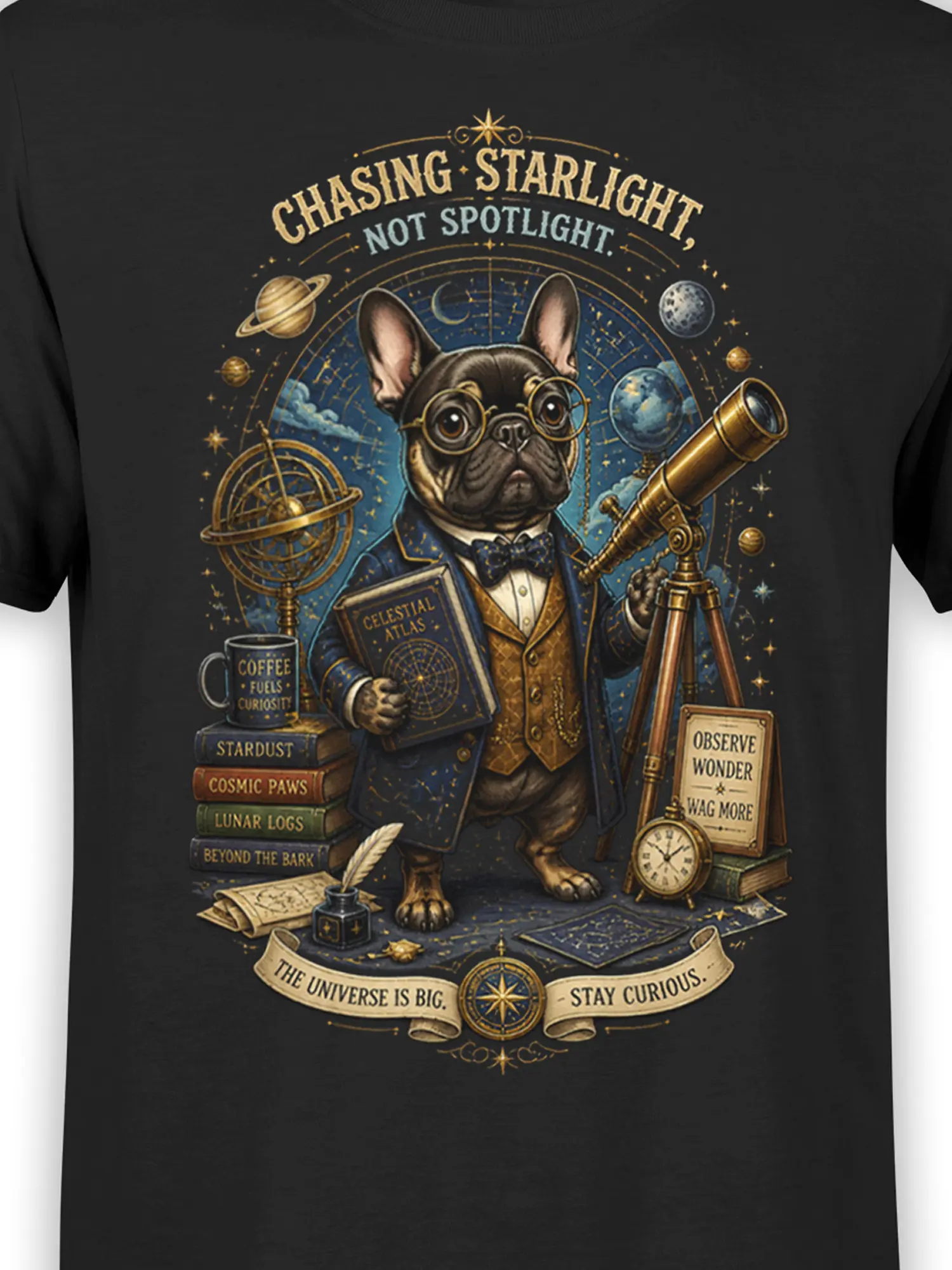 close-up of french bulldog astronomer artwork with telescope, planets, books, and stay curious banner on black tee