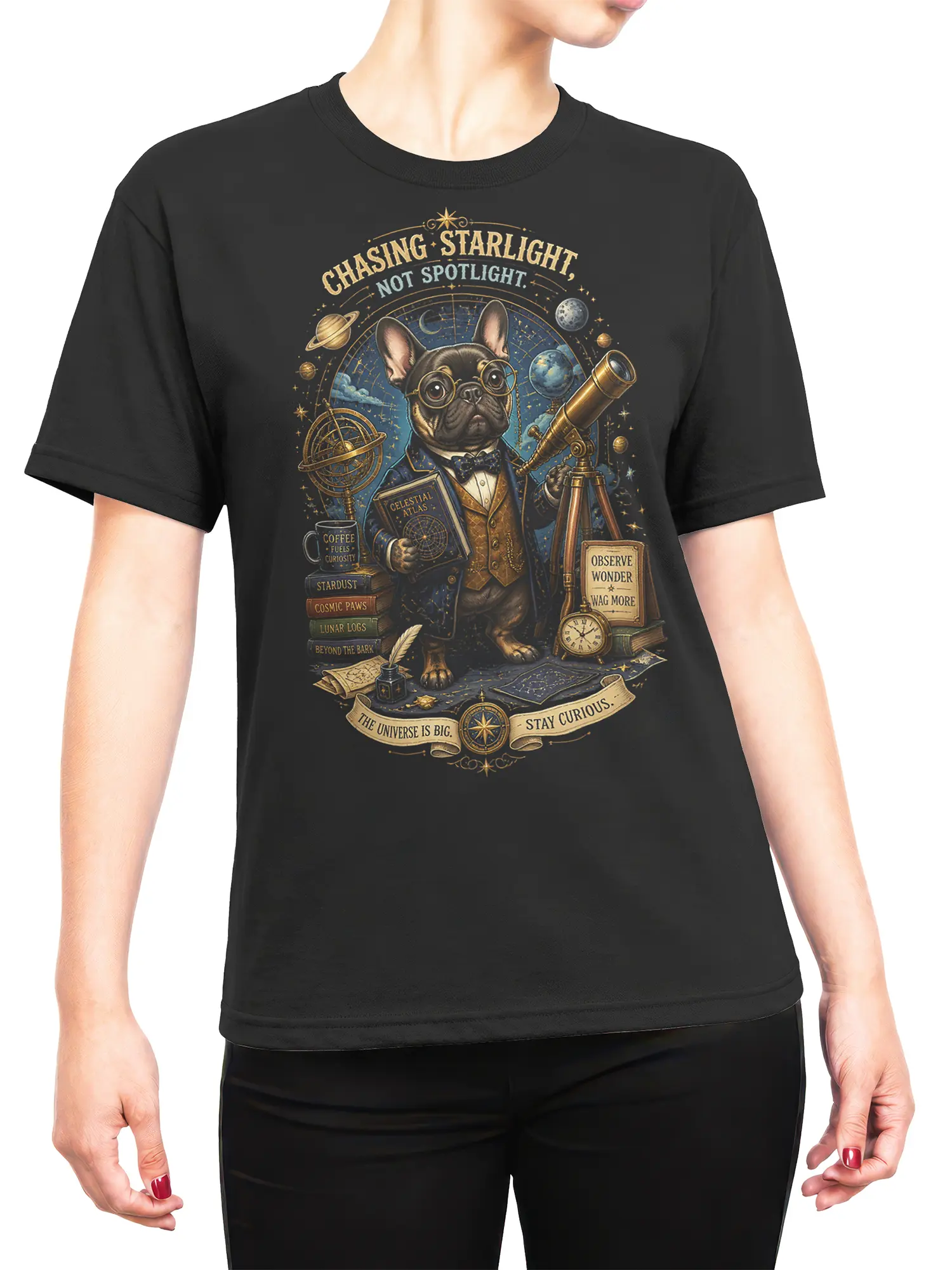 woman wearing black french bulldog astronomer t-shirt with chasing starlight not spotlight space design