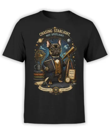 black unisex t-shirt with vintage french bulldog astronomer design, telescope, planets, and chasing starlight not spotlight quote