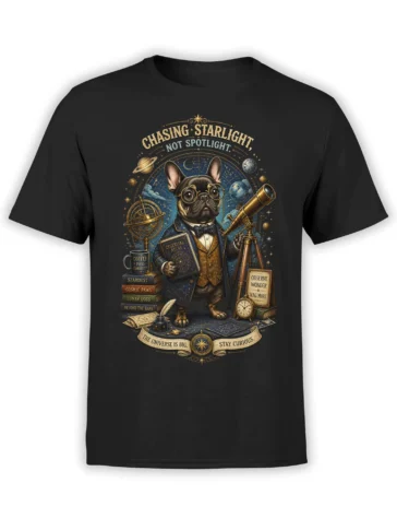 black unisex t-shirt with vintage french bulldog astronomer design, telescope, planets, and chasing starlight not spotlight quote
