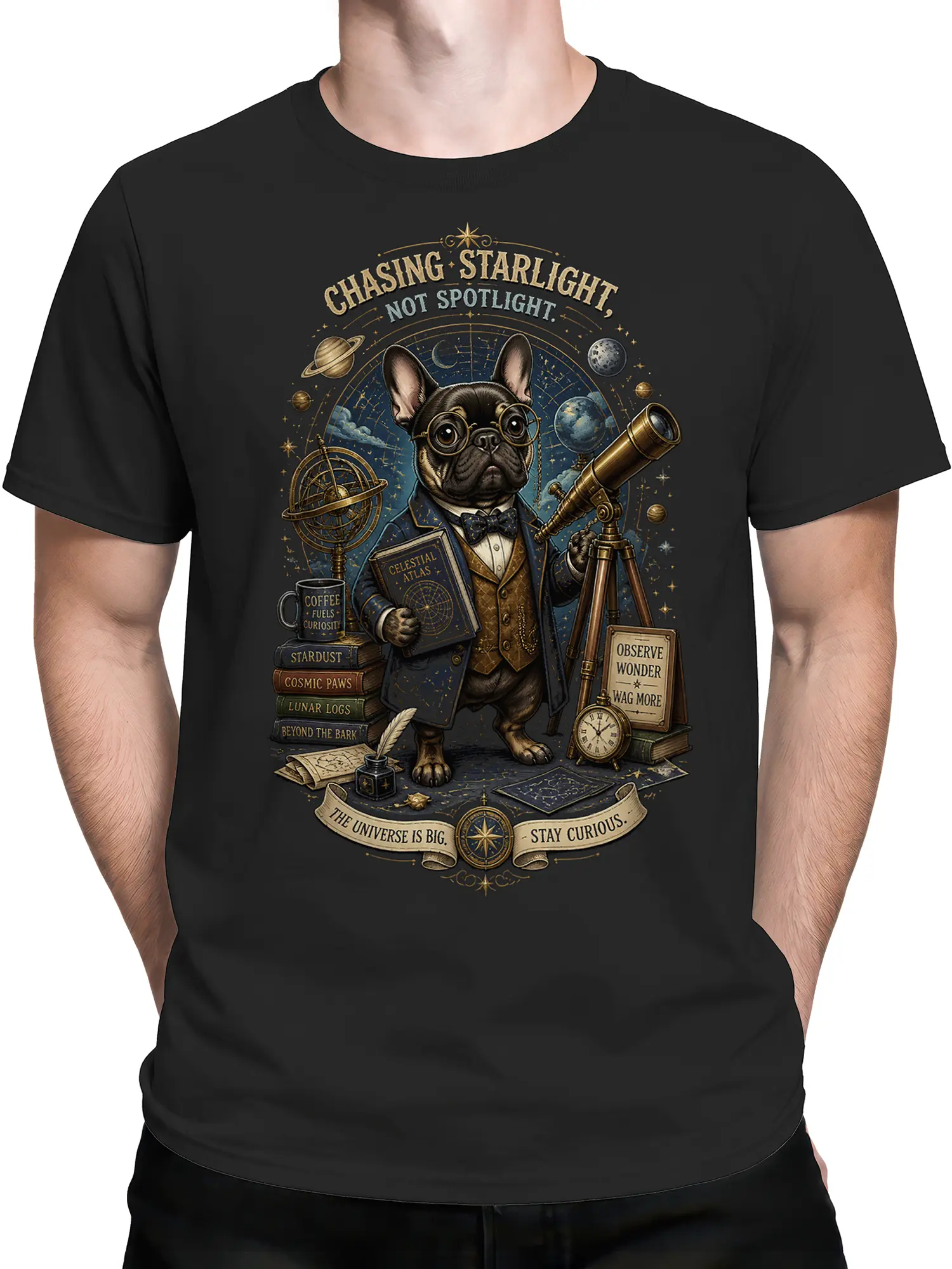 man wearing black french bulldog astronomer graphic tee with telescope and planets artwork