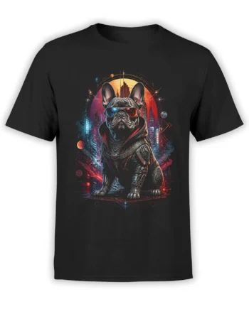 Black unisex T-shirt with a cyberpunk French bulldog in armor, neon city skyline, planets, and glowing geometric details in red and blue hues
