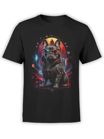 Black unisex T-shirt with a cyberpunk French bulldog in armor, neon city skyline, planets, and glowing geometric details in red and blue hues