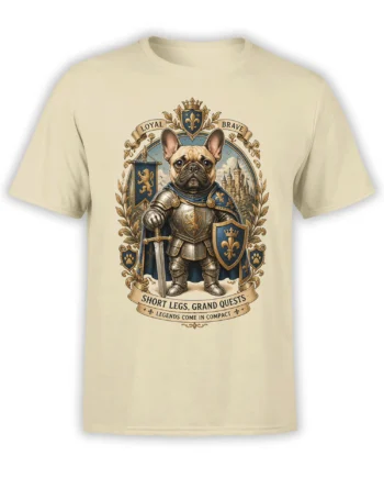 Beige unisex t-shirt with detailed French bulldog knight crest, blue and gold banners, and Short Legs Grand Quests quote