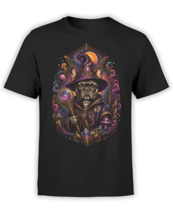 black unisex t-shirt with detailed cosmic wizard French Bulldog design holding a staff amid planets, crystals, and swirling magic