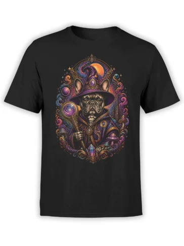 black unisex t-shirt with detailed cosmic wizard French Bulldog design holding a staff amid planets, crystals, and swirling magic