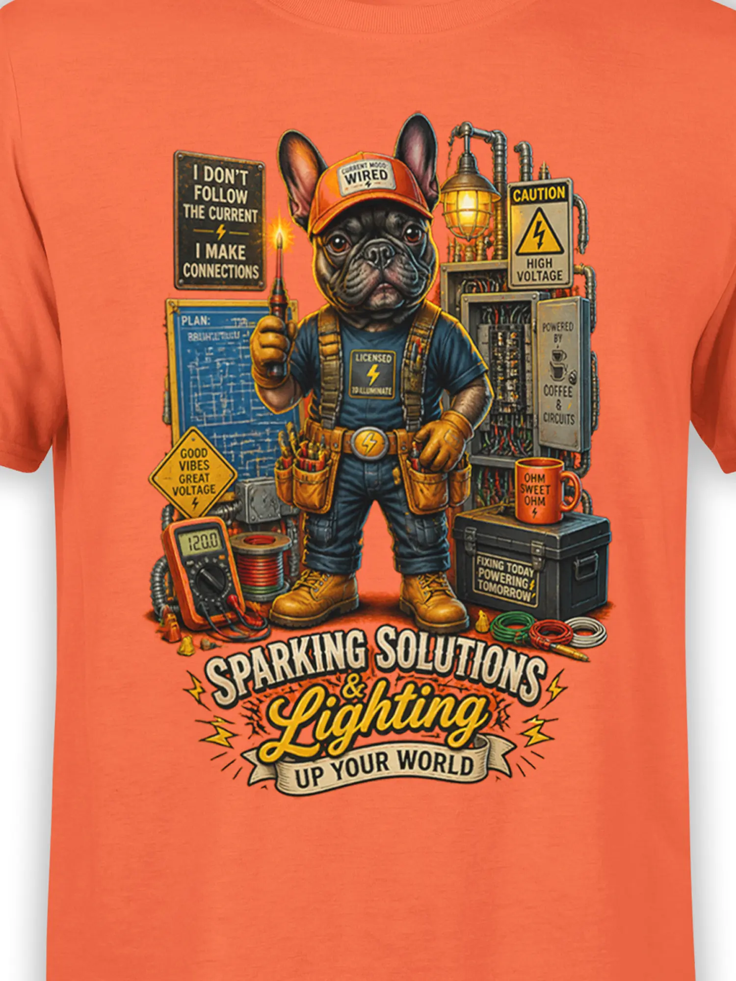 Close-up of the French Bulldog electrician design showing tools, coffee-powered control box, and sparking solutions lettering on orange fabric