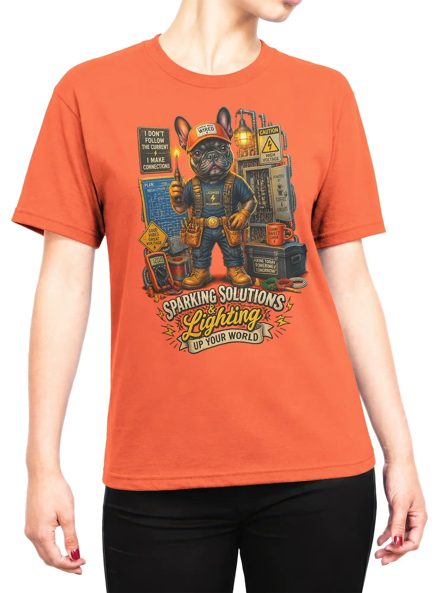 Woman wearing the orange French Bulldog electrician t-shirt with the wired dog design centered on the chest