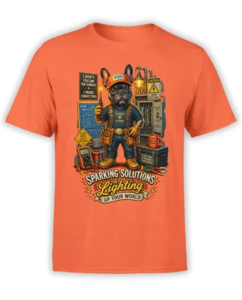 Orange unisex t-shirt with a detailed French Bulldog electrician graphic holding a live tester surrounded by electric tools and warning signs