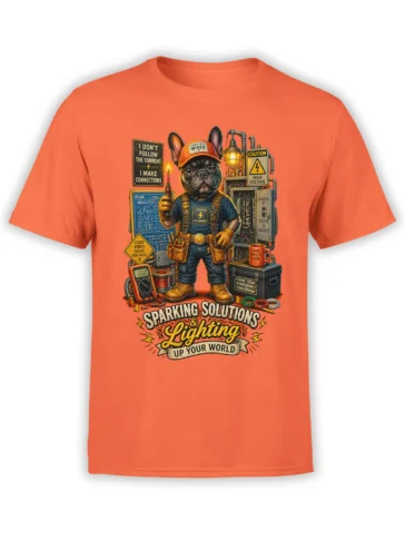 Orange unisex t-shirt with a detailed French Bulldog electrician graphic holding a live tester surrounded by electric tools and warning signs