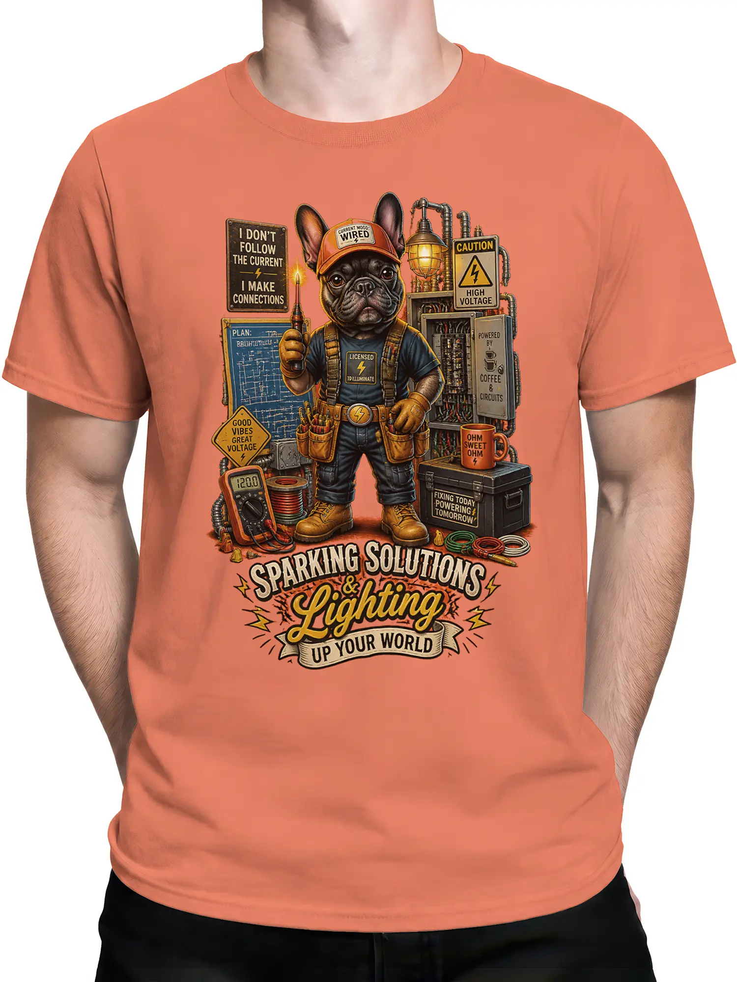 Man wearing the orange French Bulldog electrician t-shirt featuring tools, cables, and sparking solutions text